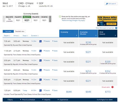 圖說:記者在美聯(lián)航官網搜索奧黑爾國際機場飛往肯塔基州路易斯維爾的航班。